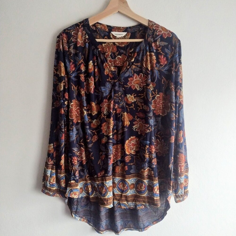 Lucky Brand Floral Blouse L Navy Tan Knit Relaxed Fit Tunic Top - Picture 9 of 9